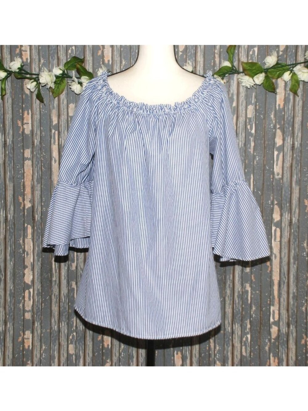Mileage Blue Striped Embroidered Roses Blouse Top Plus Size 1X 3/4 Bell Sleeve